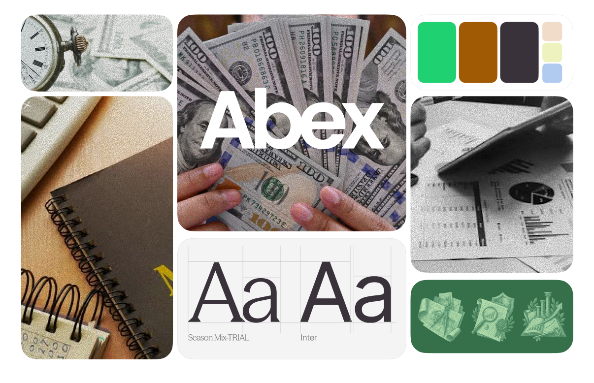 Abex visual moodboard, typography, imagery, and color palette