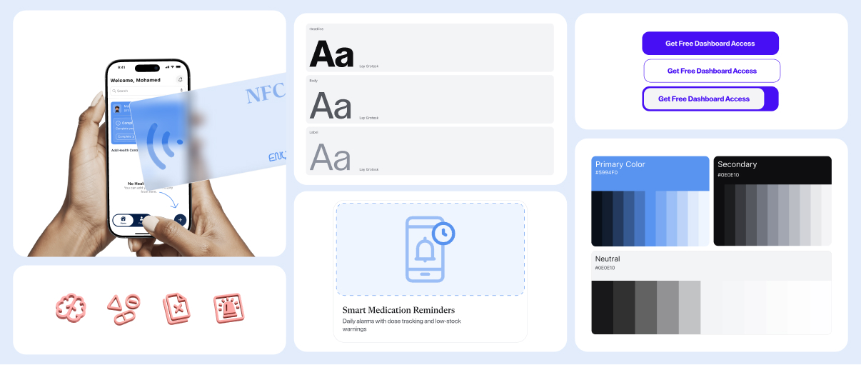 Enqaz typography, interface elements, icons, and color system
